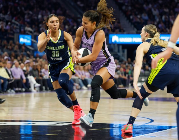 Golden State Valkyries' Kaitlyn Chen (2) heads to the basket against Dallas Wings' Azzi Fudd (35) in the second quarter at the Chase Center in San Francisco, Calif., on Wednesday, June 17, 2026. (Nhat V. Meyer/Bay Area News Group)