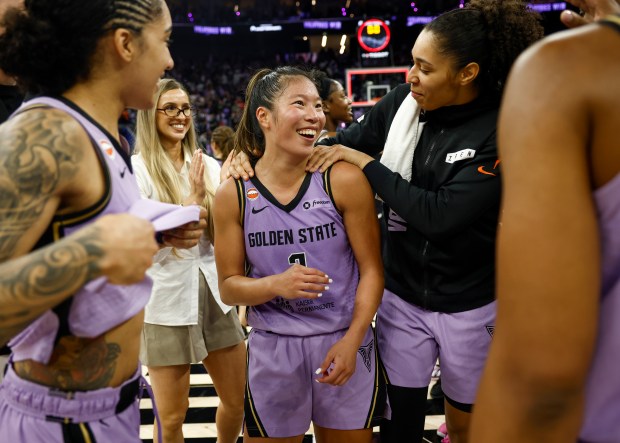 Golden State Valkyries' Kaitlyn Chen (2) celebrates with teammates after their 91-80 win over the Dallas Wings at the Chase Center in San Francisco, Calif., on Wednesday, June 17, 2026. (Nhat V. Meyer/Bay Area News Group)