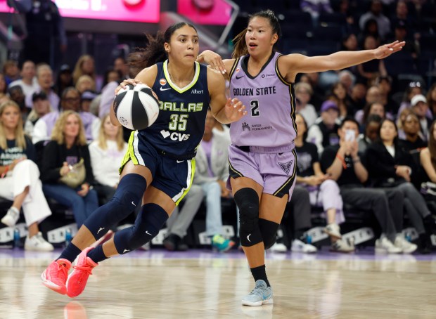 Dallas Wings' Azzi Fudd (35) heads to the basket against Golden State Valkyries' Kaitlyn Chen (2) in the fourth quarter at the Chase Center in San Francisco, Calif., on Wednesday, June 17, 2026. (Nhat V. Meyer/Bay Area News Group)