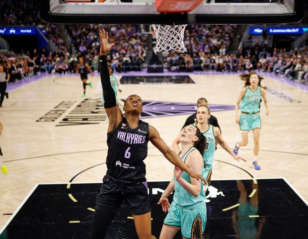 Golden State Valkyries' Kaila Charles (6) takes a shot against the New York Liberty in the second half at the Chase Center in San Francisco, Calif., on Sunday, June 28, 2026. (Nhat V. Meyer/Bay Area News Group)