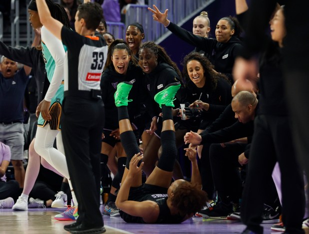 Golden State Valkyries' Kayla Thornton (5) celebrates her 3-point basket and foul with the bench against the New York Liberty in the third quarter at the Chase Center in San Francisco, Calif., on Sunday, June 28, 2026. (Nhat V. Meyer/Bay Area News Group)