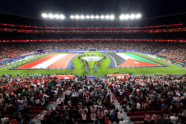 The Austria and Jordan national flags are displayed on the field before the soccer teams play a FIFA World Cup match at Levi's Stadium on Tuesday, June 16, 2026. (Ray Chavez/Bay Area News Group)
