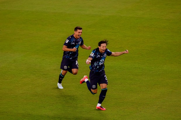 Paraguay's Matías Galarza (23) celebrates scoring a goal against Turkey with Paraguay's Andrés Cubas (14) in the first half during a FIFA World Cup match in the first half at Levi's Stadium in Santa Clara, Calif., on Friday, June 19, 2026. (Shae Hammond/Bay Area News Group)