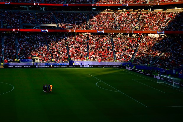 Paraguay huddles before playing against Turkey in a FIFA World Cup match at Levi's Stadium in Santa Clara, Calif., on Friday, June 19, 2026. (Shae Hammond/Bay Area News Group)