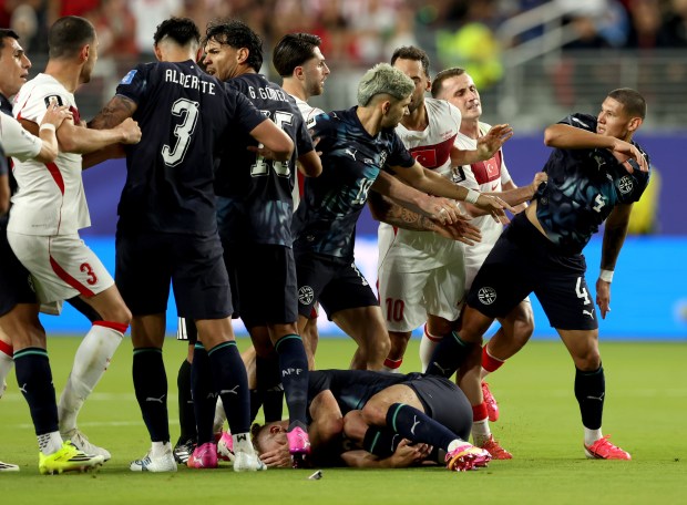 Paraguay and Turkey players push one another after Paraguay's Isidro Pitta (25) was fouled during the first half of a FIFA World Cup match at Levi's Stadium on Friday, June 19, 2026. (Ray Chavez/Bay Area News Group)