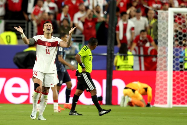 Turkey's Abdulkerim Bardakci (14) reacts after attempting to score a goal against the Paraguay during the second half of a FIFA World Cup match at Levi's Stadium on Friday, June 19, 2026. (Ray Chavez/Bay Area News Group)
