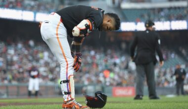 SF Giants' Luis Arraez leaves game after fouling ball off right foot