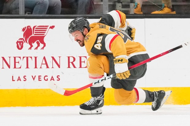 Vegas Golden Knights center Tomas Hertl (48) celebrates his goal against the Anaheim Ducks during the third period of Game 5 of a second-round NHL hockey Stanley Cup playoff series Tuesday, May 12, 2026, in Las Vegas. (AP Photo/Candice Ward)