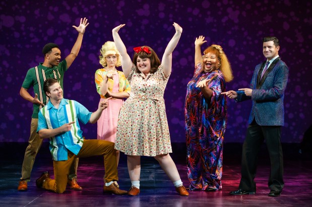 From left, Jordan Covington, Trevor March, Mackenzie Macdonald, Ella Ruth Francis, Jeannine Anderson and Jeffrey Brian Adams in SF Playhouse's "Hairspray," performing July 10 through Sept. 12. (Photo courtesy of Jessica Palopoli)