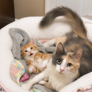 A brown and white cat lies down next to a feisty orange and white kitten.