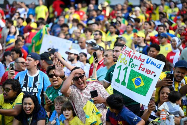 Fans cheer before an international friendly soccer match between Egypt and Brazil.