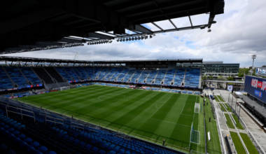 A large, empty soccer stadium with blue seats surrounds a green field, and a scoreboard nearby shows "USA vs JPN."