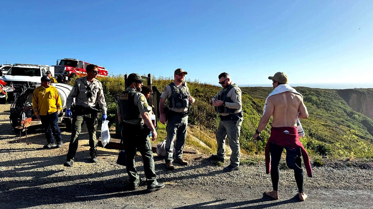 rescue personnel standing along the coast