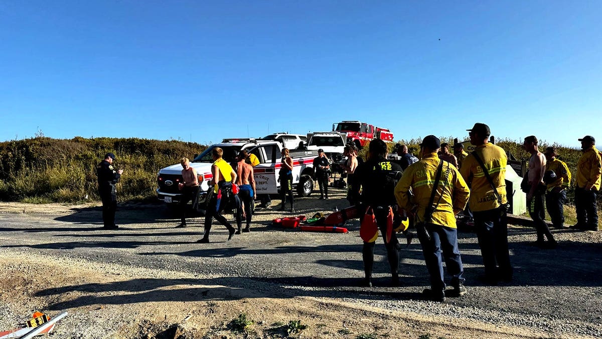 rescue personnel are gathered near the coastline