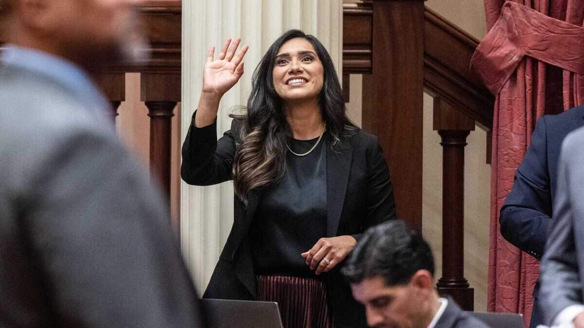 State Sen. Sabrina Cervantes, D-Riverside, waves to guests before being sworn in on Dec. 2, 2024, at the state Capitol. Cervantes authored a bill to prevent California State University faculty from being replaced by artifical intelligence. State Sen. Sabrina Cervantes, D-Riverside, waves to guests before being sworn in on Dec. 2, 2024, at the state Capitol. Cervantes authored a bill to prevent California State University faculty from being replaced by artifical intelligence.