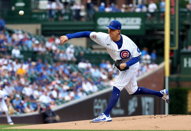 Cubs starter Ben Brown pitches to the Giants in the first inning Saturday, June 6, 2026, at Wrigley Field. (Chris Sweda/Chicago Tribune)