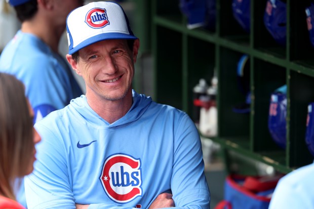 Chicago Cubs manager Craig Counsell has a laugh in the dugout before the start of a game against the San Francisco Giants at Wrigley Field in Chicago on June 5, 2026. (Chris Sweda/Chicago Tribune)