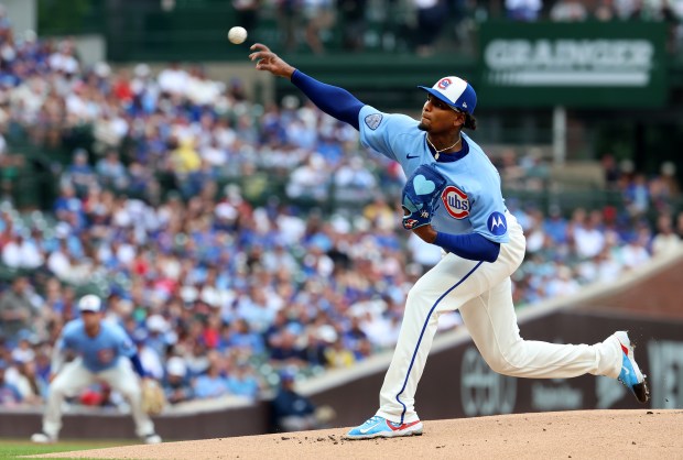 Chicago Cubs starting pitcher Edward Cabrera delivers to the San Francisco Giants in the first inning of a game at Wrigley Field in Chicago on June 5, 2026. (Chris Sweda/Chicago Tribune)