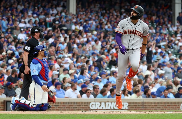 San Francisco Giants shortstop Willy Adames reacts after hitting a two-run home run in the first inning of a game against the Chicago Cubs at Wrigley Field in Chicago on June 5, 2026. (Chris Sweda/Chicago Tribune)
