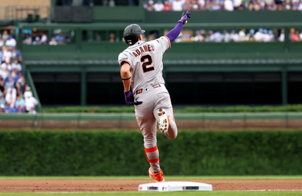 San Francisco Giants shortstop Willy Adames celebrates as rounds the bases after hitting a two-run home run in the first inning of a game against the Chicago Cubs at Wrigley Field in Chicago on June 5, 2026. (Chris Sweda/Chicago Tribune)