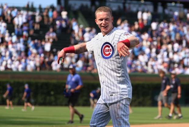 Cubs center fielder Pete Crow-Armstrong celebrates after a 10-inning victory over the Giants on Saturday, June 6, 2026, at Wrigley Field. (Chris Sweda/Chicago Tribune)