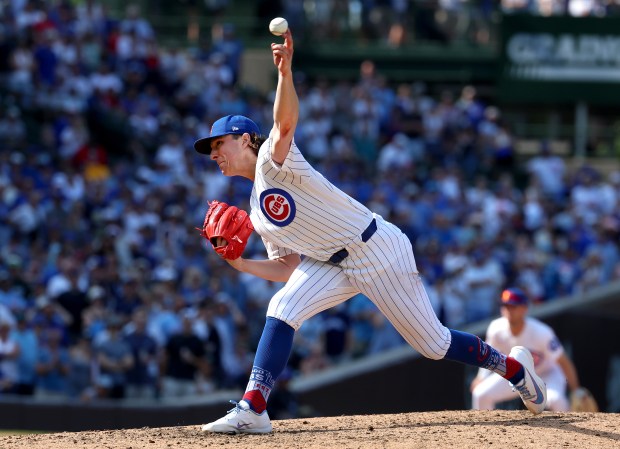 Cubs reliever Ryan Rolison pitches to the Giants in the 10th inning Saturday, June 6, 2026, at Wrigley Field. (Chris Sweda/Chicago Tribune)