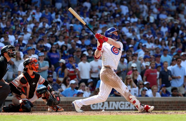 Cubs center fielder Pete Crow-Armstrong hits a solo home run in the ninth inning against the Giants on Saturday, June 6, 2026, at Wrigley Field. (Chris Sweda/Chicago Tribune)