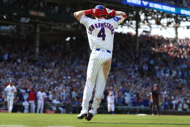 Cubs center fielder Pete Crow-Armstrong celebrates after hitting a solo home run in the ninth inning against the Giants on Saturday, June 6, 2026, at Wrigley Field. (Chris Sweda/Chicago Tribune)