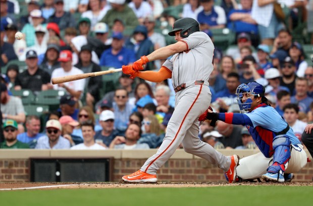 San Francisco Giants third baseman Matt Chapman hits a grand slam in the fourth inning of a game against the Chicago Cubs at Wrigley Field in Chicago on June 5, 2026. (Chris Sweda/Chicago Tribune)