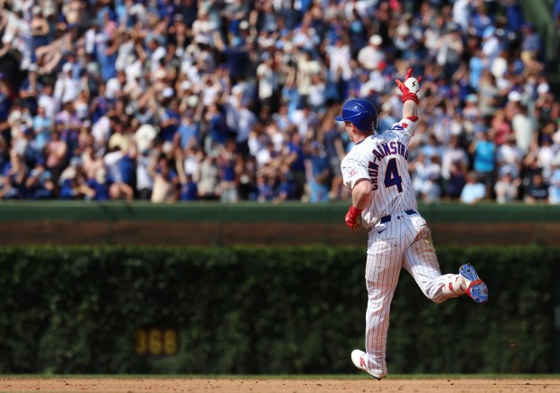 Cubs center fielder Pete Crow-Armstrong celebrates as he rounds the bases after hitting a solo home run in the ninth inning against the Giants on Saturday, June 6, 2026, at Wrigley Field. (Chris Sweda/Chicago Tribune)