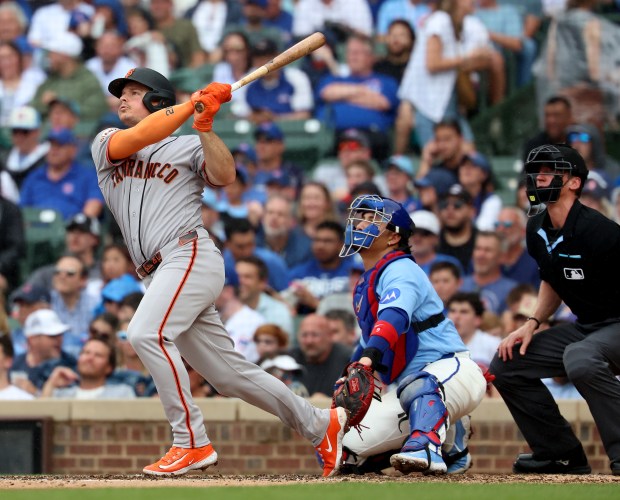 San Francisco Giants third baseman Matt Chapman hits a grand slam in the fourth inning of a game against the Chicago Cubs at Wrigley Field in Chicago on June 5, 2026. (Chris Sweda/Chicago Tribune)