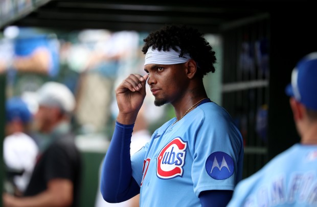 Chicago Cubs starting pitcher Edward Cabrera looks out from the dugout after being pulled from the game in the fourth inning against the San Francisco Giants at Wrigley Field in Chicago on June 5, 2026. (Chris Sweda/Chicago Tribune)