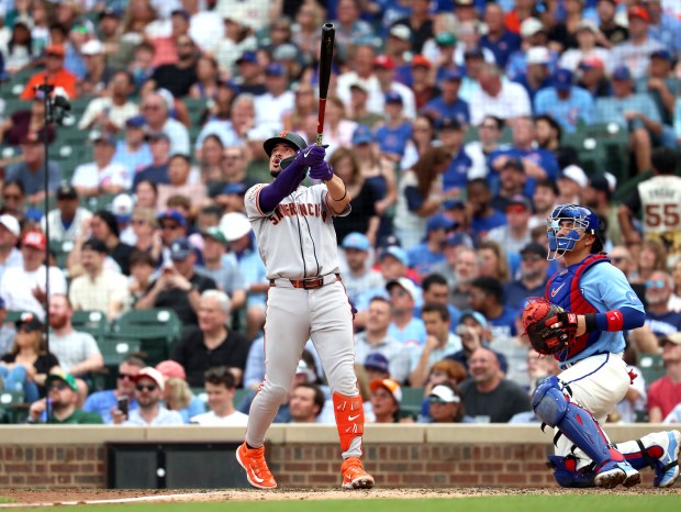 San Francisco Giants shortstop Willy Adames watches the flight of two-run home run in the sixth inning of a game against the Chicago Cubs at Wrigley Field in Chicago on June 5, 2026. (Chris Sweda/Chicago Tribune)