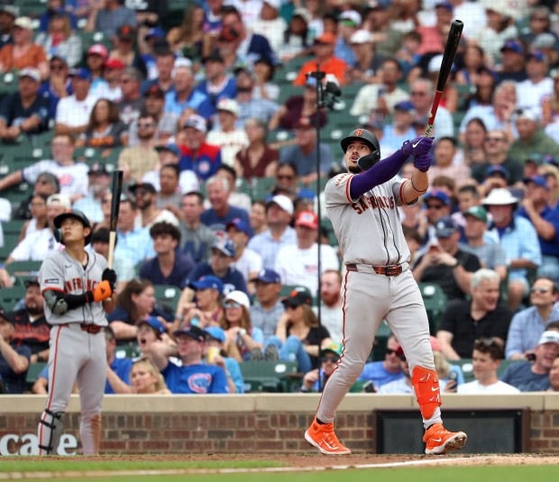 San Francisco Giants shortstop Willy Adames watches the flight of two-run home run in the sixth inning of a game against the Chicago Cubs at Wrigley Field in Chicago on June 5, 2026. (Chris Sweda/Chicago Tribune)