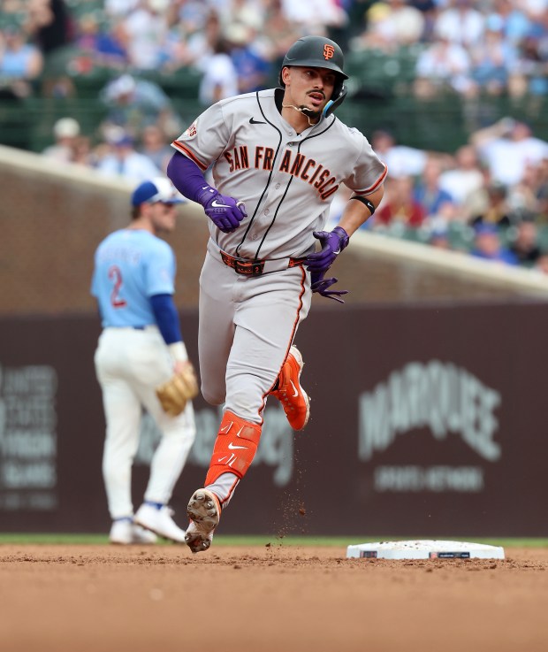 San Francisco Giants shortstop Willy Adames rounds the bases after hitting a two-run home run in the sixth inning of a game against the Chicago Cubs at Wrigley Field in Chicago on June 5, 2026. (Chris Sweda/Chicago Tribune)