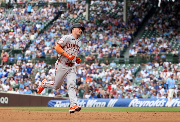 San Francisco Giants third baseman Matt Chapman rounds the bases after hitting a three-run home run in the sixth inning of a game against the Chicago Cubs at Wrigley Field in Chicago on June 5, 2026. (Chris Sweda/Chicago Tribune)