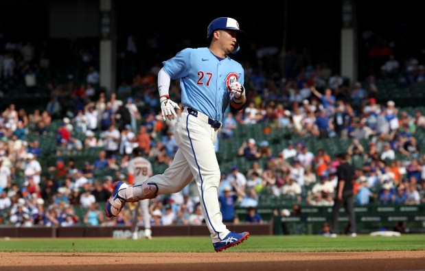 Chicago Cubs right fielder Seiya Suzuki rounds the bases after hitting a solo home run in the eighth inning of a game against the San Francisco Giants at Wrigley Field in Chicago on June 5, 2026. (Chris Sweda/Chicago Tribune)
