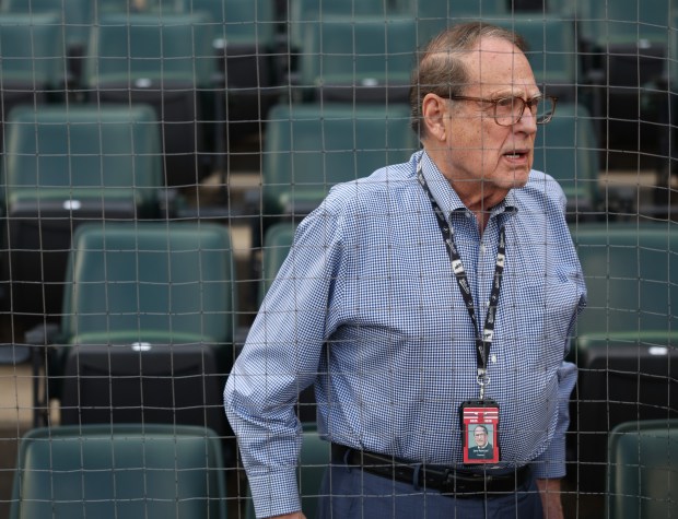 White Sox Chairman Jerry Reinsdorf watches batting practice before a White Sox-Dodgers game at Rate Field on June 12, 2026, in Chicago. (John J. Kim/Chicago Tribune)