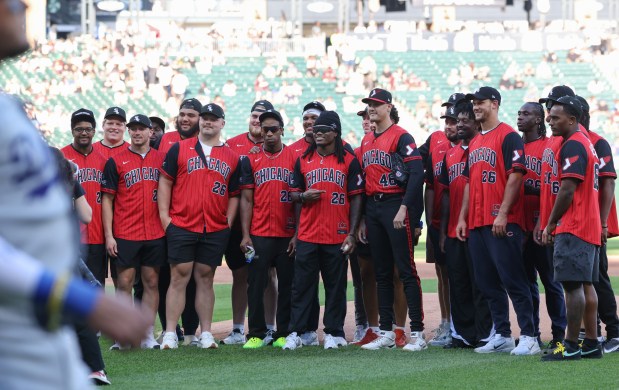 Chicago Bears rookie players attend a White Sox-Dodgers game at Rate Field on June 12, 2026, in Chicago. (John J. Kim/Chicago Tribune)