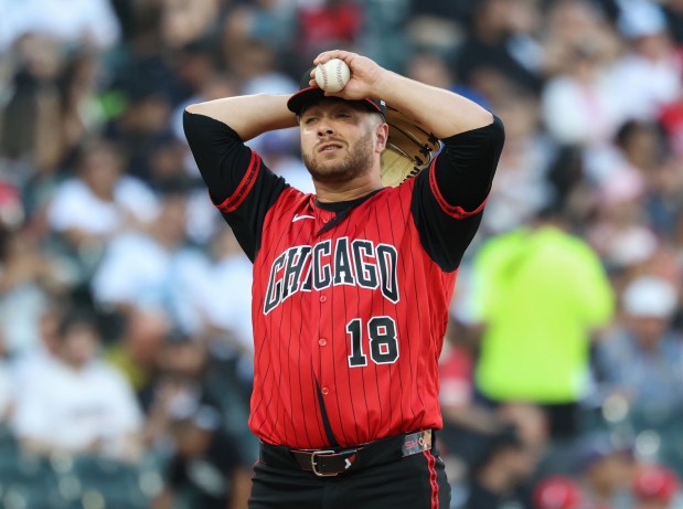 White Sox starting pitcher Anthony Kay adjusts his cap in the first inning against the Dodgers on June 12, 2026, at Rate Field. (John J. Kim/Chicago Tribune)