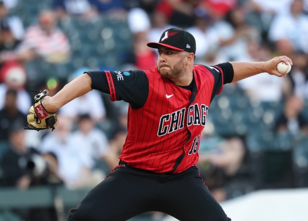 White Sox starting pitcher Anthony Kay throws in the first inning against the Dodgers on June 12, 2026, at Rate Field. (John J. Kim/Chicago Tribune)