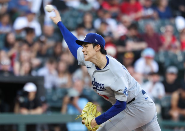 Dodgers starting pitcher Roki Sasaki throws in the first inning against the White Sox at Rate Field on June 12, 2026, in Chicago. (John J. Kim/Chicago Tribune)
