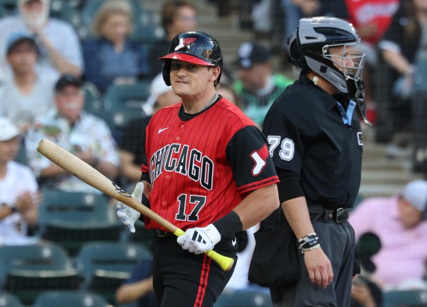 White Sox left fielder Sam Antonacci shows frustration on a strike in the first inning against the Dodgers on June 12, 2026, at Rate Field. (John J. Kim/Chicago Tribune)