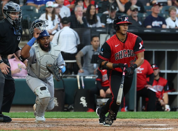 White Sox right fielder Braden Montgomery lines out to first base in the fourth inning against the Dodgers on June 12, 2026, at Rate Field. (John J. Kim/Chicago Tribune)