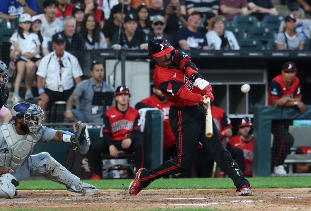 White Sox third baseman Miguel Vargas connects for an RBI double against the Dodgers in the fifth inning on June 12, 2026, at Rate Field. (John J. Kim/Chicago Tribune)
