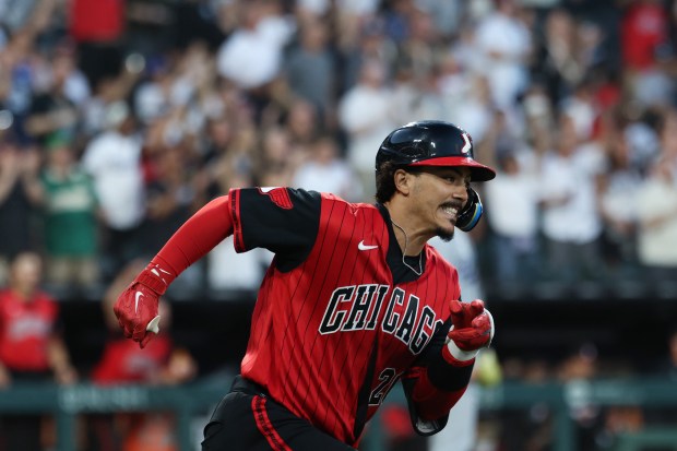 White Sox third baseman Miguel Vargas runs on an RBI double against the Dodgers in the fifth inning on June 12, 2026, at Rate Field. (John J. Kim/Chicago Tribune)
