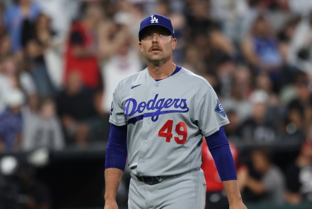 Dodgers pitcher Blake Treinen heads to the dugout after throwing in the fifth inning against the White Sox on June 12, 2026, at Rate Field. (John J. Kim/Chicago Tribune)