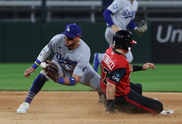 White Sox left fielder Sam Antonacci (17) beats the throw to Dodgers shortstop Miguel Rojas to steal second base in the eighth inning at Rate Field on June 12, 2026, in Chicago. (John J. Kim/Chicago Tribune)
