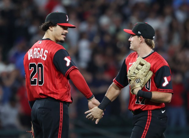 White Sox third baseman Miguel Vargas and left fielder Sam Antonacci celebrate an 8-2 win over the Dodgers on June 12, 2026, at Rate Field. (John J. Kim/Chicago Tribune)