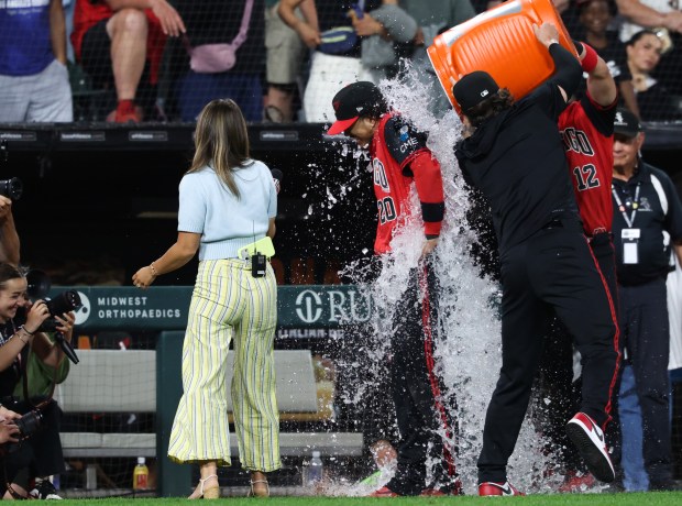 White Sox third baseman Miguel Vargas (20) gets doused with ice water after an 8-2 win over the Dodgers on June 12, 2026, at Rate Field. (John J. Kim/Chicago Tribune)